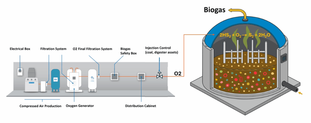 Graphic showing a typical NOVAIR Oxygen Generating System installation for Biogas