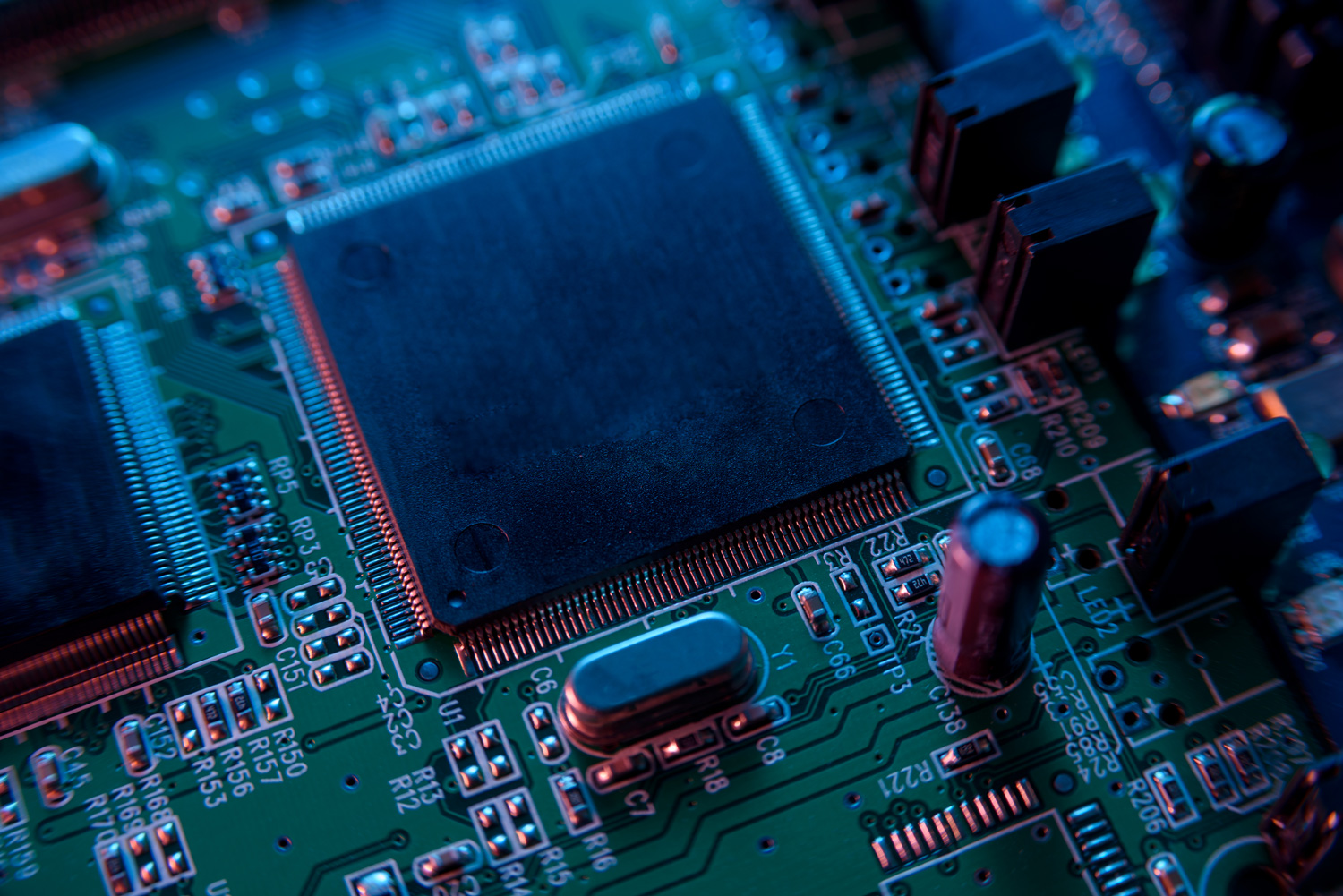 close up of a microcircuit with a chip