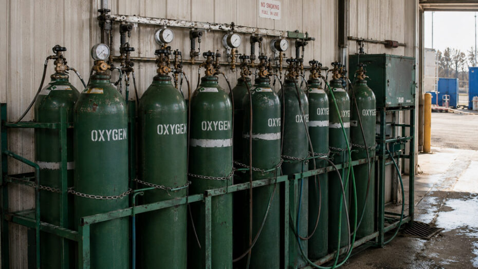 row of oxygen cylinders in an industrial setting