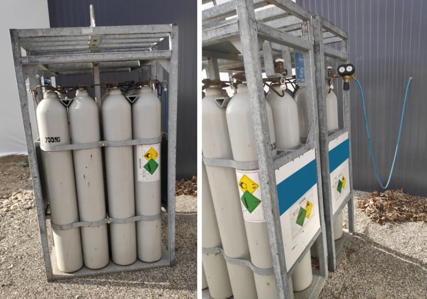 Compressed oxygen bottles on a small fish farm